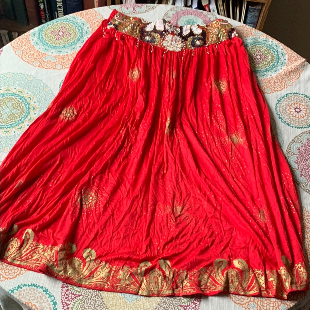 Elegant Red Skirt with Gold Accents Beads and Sequins